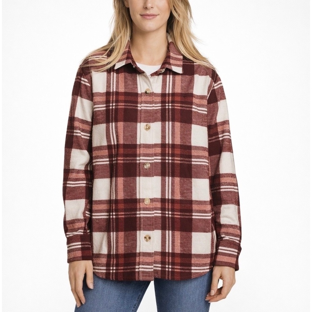 Eddie Bauer‎ Microfleece Shirt XL Brown Plaid Soft Button Up